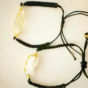 Bracelets & Bangles - Natural White and Clear Stone Gold Tone Wire Design, Handmade Black Bracelet, Adjustable Design, Versatile Style for Everyday Wear