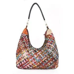 Popular Women's Bag, Trendy Fashion Top-Grain Leather Vintage Woven Handbag, Shoulder Bag, Colorful Tote