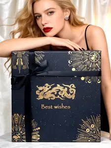 Amalee Sturdy & Luxury Large Gift Box, 12x12x4 Inches Deep Blue, Magnetic Snap Lid, Easy Fold Glue-Free Assembly, with Ribbon Card Filler for Wedding, Birthday, Christmas Gift Packaging