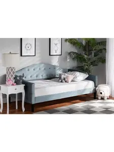 212 MAIN Benjamin Modern & Contemporary Button-Tufted Curved-Back Daybed, Twin Beds, Light Blue Velvet & Dark Brown Finish, 36x82.3x42.7 in.