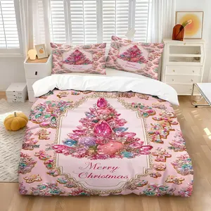 Pink Series Gem Christmas Tree Duvet Cover Set, Includes Quilt and Pillowcases, Sweet and Elegant, Comfortable Bedding, Girlishness Christmas Room Decoration or Holiday Gift, Bedroom Bedding Set