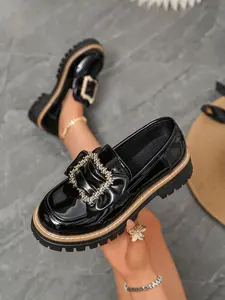 Women's Thick Sole Loafers, Glossy Rhinestone Square Buckle, British Style Small Leather Shoes, Campus Commute Versatile Single Shoe