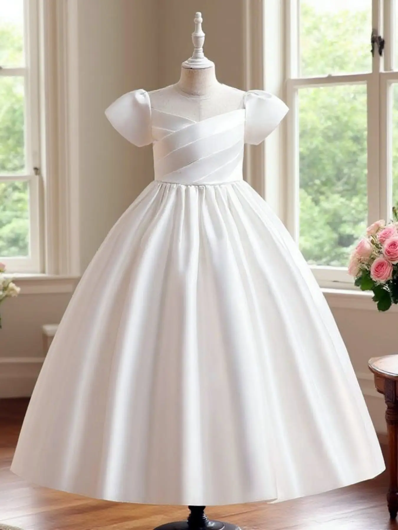 Girl's Bow Decor Plicated A Line Dress, Elegant Sweetheart Neck Short Sleeve Zipper Back Dress for Party Wedding Guest, Kids Clothes for All Seasons