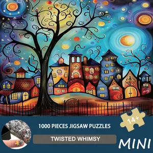 [Twisted Whirl Puzzle] 1000pcs Mini Jigsaw Puzzle - Twisted Whirl Surreal Abstract Art, Vibrant Starry Night Scene with Colorful Houses & Tree, 38x26cm, Mind-Bending Challenge for Adults & Puzzle Masters, Home Decor, Puzzle Game