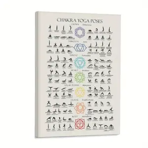 A canvas frame poster displaying chakra yoga poses, black and gold chakras, suitable for bedroom, living room, and hallway wall decoration, an ideal gift