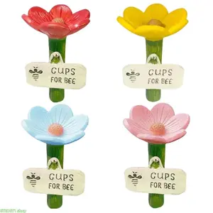 4 Color Resin Flower Bee Water Cup Garden Stakes With Embossed Bee Sign Pollinator Habitat Ornaments, Weather Resistant Insect Water Station Decor For Backyard Lawn Flower Beds And Outdoor Garden Landscape Accessories        ， 。 TK？