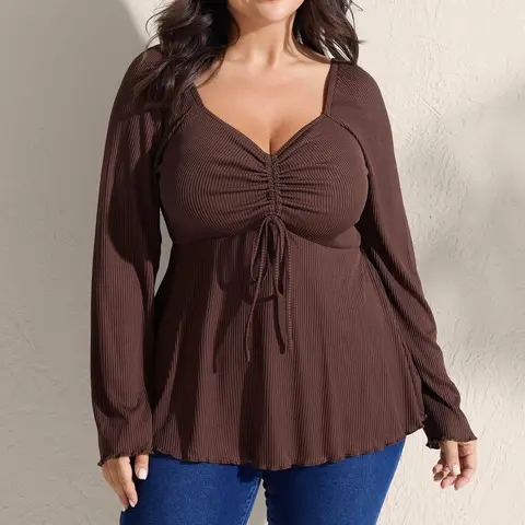 BLOOMCHIC SohoChic Women's Plus Size Babydoll Blouse - Ribbed Stretch Fabric, Adjustable Drawstring Bodice, Flared Long Sleeves, Romantic Boho Fall Clothes, Casual Women's Tops [M-6X]