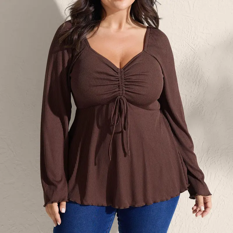 BLOOMCHIC SohoChic Women's Plus Size Babydoll Blouse - Ribbed Stretch Fabric, Adjustable Drawstring Bodice, Flared Long Sleeves, Romantic Boho Fall Clothes, Casual Women's Tops [M-6X]