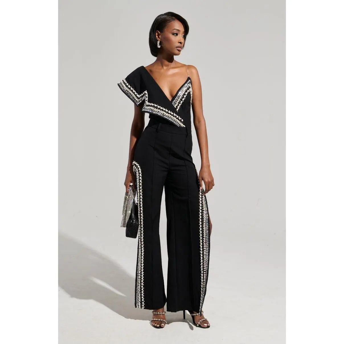 Women's Luxurious Side-Slit Pants, Bodysuit-Coordinating Style with Belt and Zipper Closure