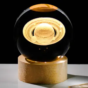 2.36in. 3D Saturn  Ball Gifts for Women Men, K9  Decorative Ball Engraved Saturn Figurine Paperweight with LED Light Base for Home Office Decoration for Birthday Christmas