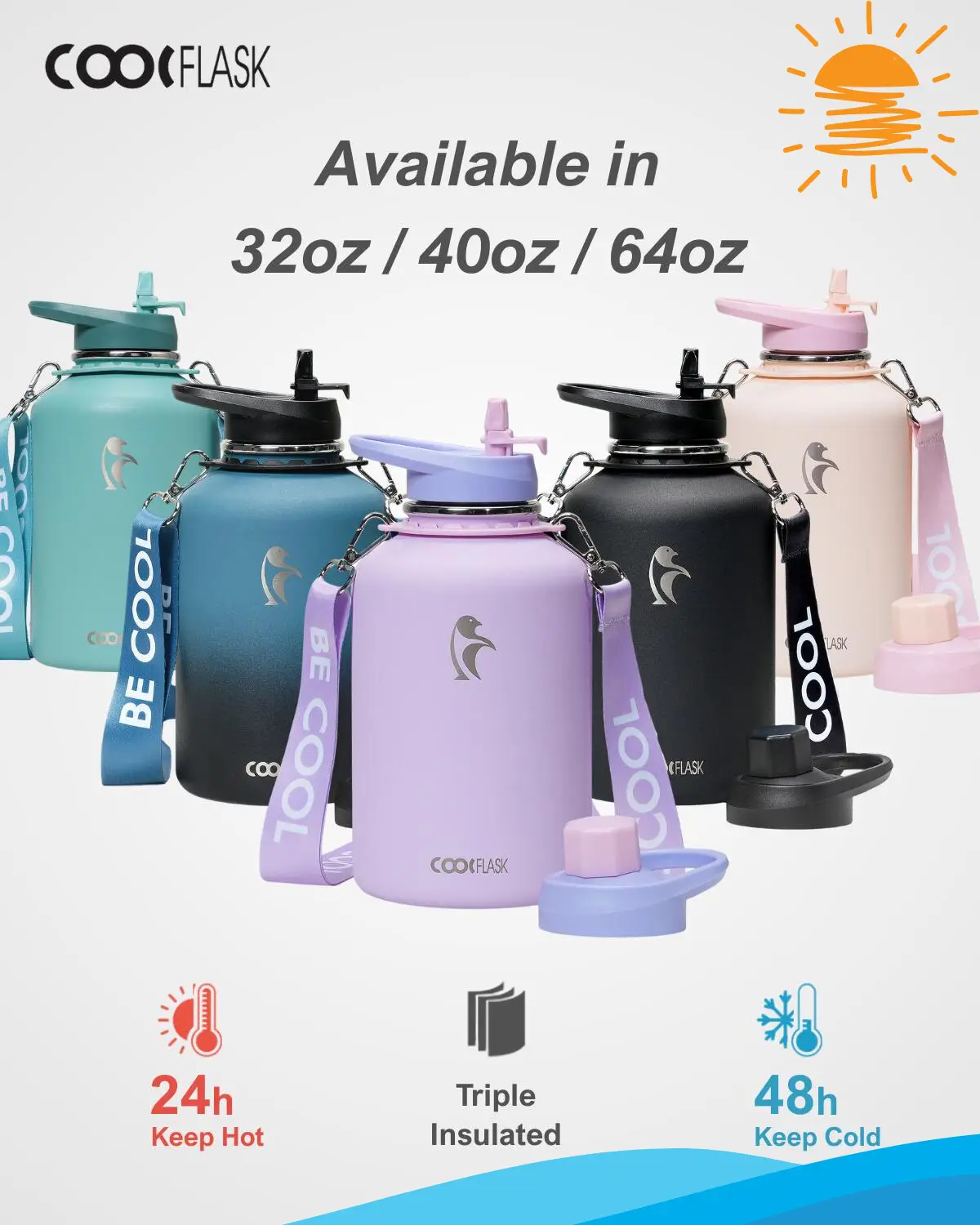 Coolflask Insulated Water Bottle with Strap for Summer Outdoor, Stainless Steel Double Wall Vacuum Tumblers with Straw & Spout Lids, Portable Mug