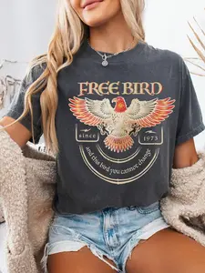 Women's High-End Everyday Fashion Short Sleeve Graphic T-Shirt, Free Bird Eagle Print, Vintage Retro Wash Design Since 1973, Classic Rock Fan Ideal Choice
