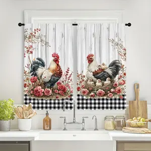 [Vintage Curtains] 2pcs PUDUOH Vintage Farmhouse Floral Rooster Print Curtains |   Light Filtering, Rod Pocket Design, Polyester Fabric - Perfect for Kitchen, Living Room, Office & Bedroom Decor set custom drapery panel doble layer darkening ruffle boho