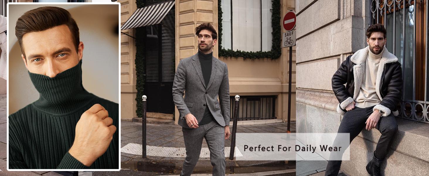 Coofandy Fall Outfits Men's Knitted Ribbed Turtleneck High Neck Slim Fit Basic Sweater Casual Fabric Knitwear for Spring Fall Winter Layering