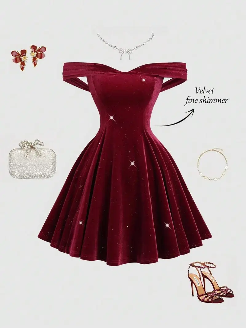 Women's Off-Shoulder Velvet Fine Shimmer Mini  for Party Cocktail Banquet Event Daily Wear Autumn Winter Red Long Sleeve Regular Fit prom dress wedding guest girly feminine outfits