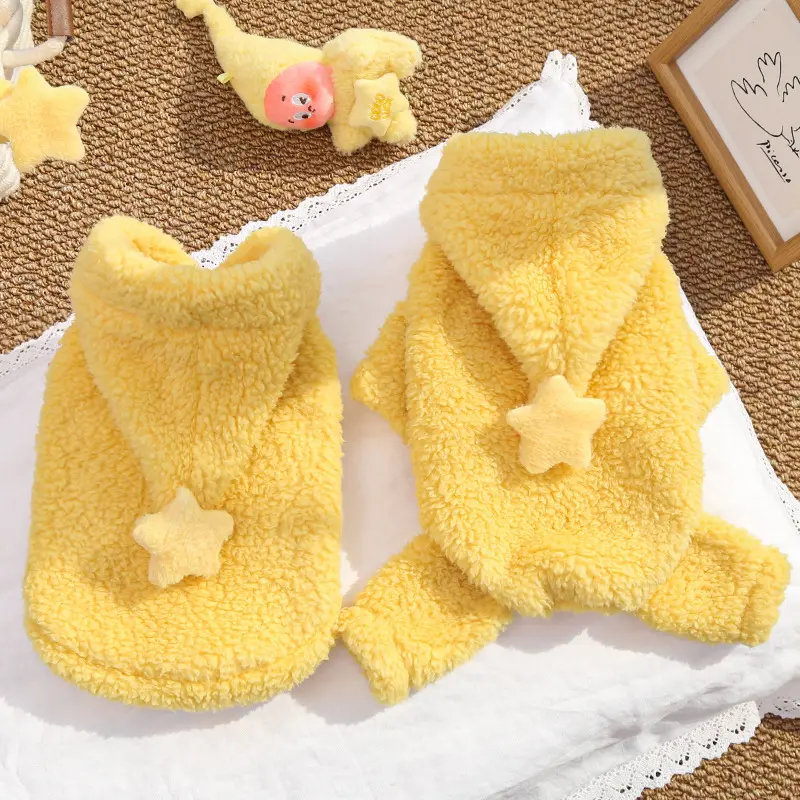 Hooded Vest Yellow Star (Thickened Fleece) Pet Pullover for Bichons, Snuggly Fit, Velcro Closure, Easy Velcro Closure, Breathable Autumn-Winter Dog Cat Coat, Cozy Indoor Lounging Wear, Ideal Small Gift