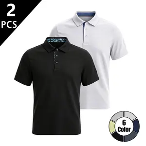 LIFE KEEPS MOVING Summer men’s polo shirt 2-piece set, stretchy fabric for comfortable wear, suitable for casual sports and business occasions, classic polo collar design, stylish and versatile