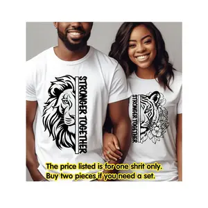 Cozy Comfort] Valentine's Day Matching Couple T-Shirts - Lion & Tiger Print, "Strong as One" Lettering, Short Sleeve Crew Neck Casual Tops for Summer & Spring, Women's Clothing