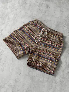 Men's Ethnic Geometric Pattern Shorts, Vintage Design, Elastic Waist Drawstring, Summer Loose Casual Beach Pants