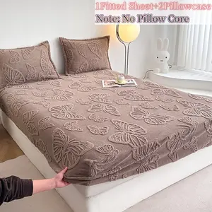 Fashion Butterfly Bed Sheet Set, Thick Velvet Fabric, King Queen Size, Elastic Fitted Sheets, Deep Pocket Design, Warm Winter Use, Secure Fitted Sheets