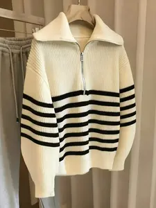 Autumn Winter Striped Zipper Collar Pullover Sweater, Fashion Casual Loose Fit Knitwear, Versatile Long Sleeve Top for Men & Women
