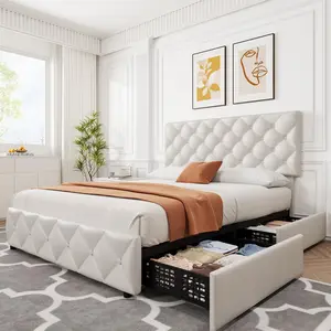Garvee Linen Upholstered Platform Bed Frame with 4 Storage Drawers, Diamond Stitched Button Tufted Design, Wooden Slats Support, Headboard & Footboard Options, No Box Spring Needed, Available in Queen, Full & King Sizes, Multiple Colors