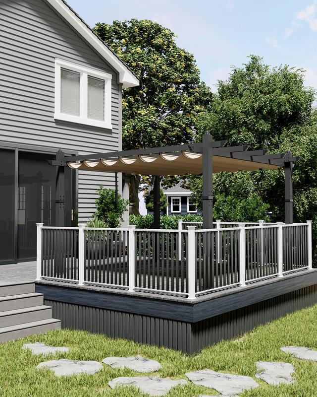 GARVEE 10x13 Ft Aluminum Pergola with Retractable Canopy Metal Gazebo for Modern Backyard Deck Porch Grape Trellis(Khaki)