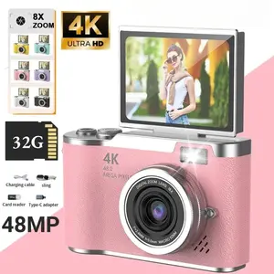 camera  flip  screen 4K Digital Camera CCD 180° Flip Screen Selfie Camera 8X Digital Zoom 48MP Portable Digital Photography Camera with 32G Card