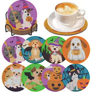 Diamond Arts Colorful Painting Coaster Kit, 8 Counts/set Decorative Coaster with Holder & Non-slip Mat, Halloween Themed DIY Decorative Craft for Home Office