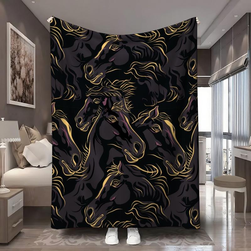 1Pc Design Black gold horse head picture Graphic Digitally Printed Flannel Blanket - 100 Polyester Flannel Digitally Printed Nonwoven Lightweight and comfortable in all seasons