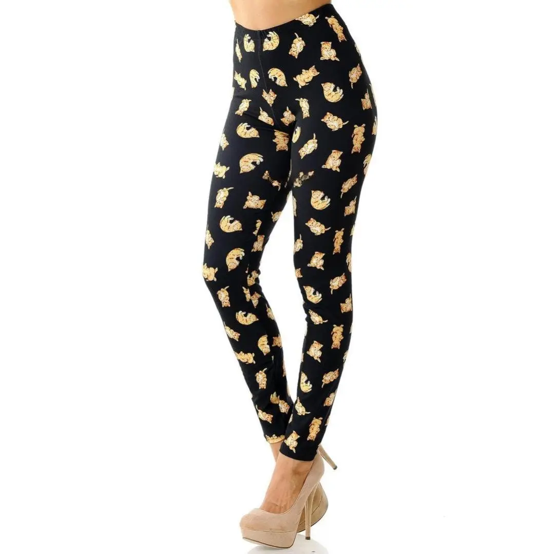 Creamy Soft Playful Kitty Cats Leggings - Premium Laser Digital Print on Double Brushed Milk Silk Fabric, Comfortable Fit, Sizes 0-10, 92% Polyester 8% Spandex, USA Fashion