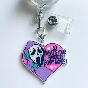 Acrylic Ghost Pink Heart Horror Badge Reel Charm For Handbag Backpack Keys ID Holder Nurse Doctor Medical Teacher Ghost Face Spooky Favorite Movie