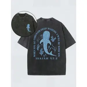 Whale Shark Pattern Retro Washed Cotton Double-Sided Printed T-Shirt Men's T-Shirt Old Summer Clothing Off Shoulder Sleeves Round Neck Top Short Sleeved slightly  cropped  shirt  men Water Wash graphic tee