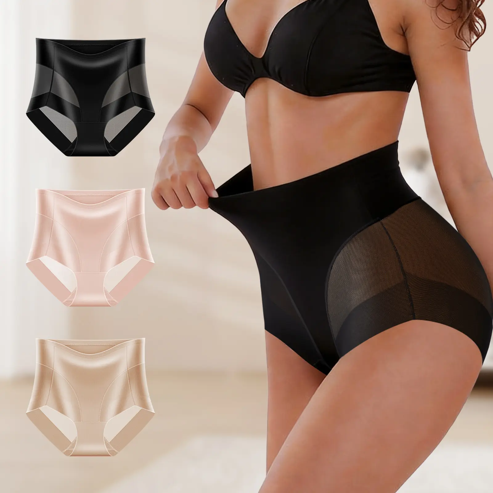 QUASTI 3Pcs Summer Cool Feeling Mid‑Rise Silky Lightweight Shapewear Panties,Sheer Mesh Breathable No‑Roll Tummy & Butt Lifting Underwear For Women,S-XXL