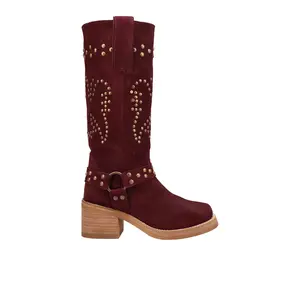 Dingo Womens Troubadour Studded Round Toe Pull On Casual Boots Over the Knee Mid Heel 2-3" - Red
