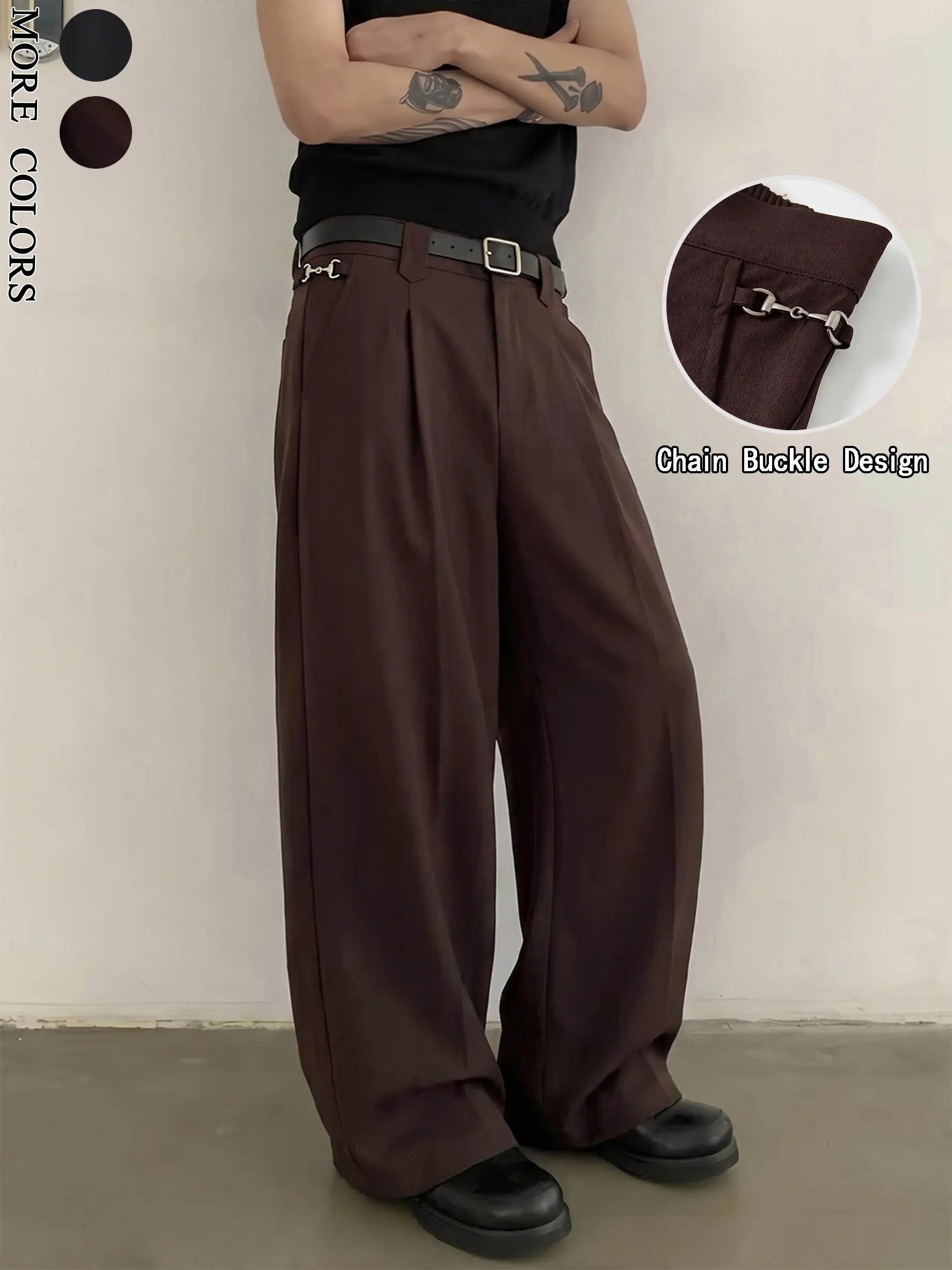 Menswear Stylish Stretch Wide Leg Men's Pants - Adjustable Detachable Metal Side Chain, Sword Tip Belt Loops, Elastic Back Waist, 4-Way Stretch, Wrinkle-Resistant Non-Iron Wide-Leg Men's Pants for Business Day Wear, Detachable Chain