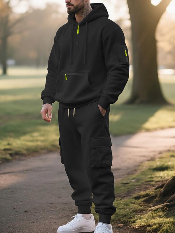 Men's Winter Heavyweight Fleece-Lined Casual Set, Loose Fit Sporty Multi-Pocket Workwear Suit, Warm & Comfortable Two-Piece Set