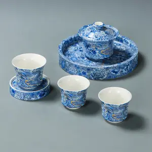 Large Ceramic Gaiwan Kung Fu Tea Set with Lid Blue-and-White Tea Bowl Set in Elegant Dragon Design Gift Box