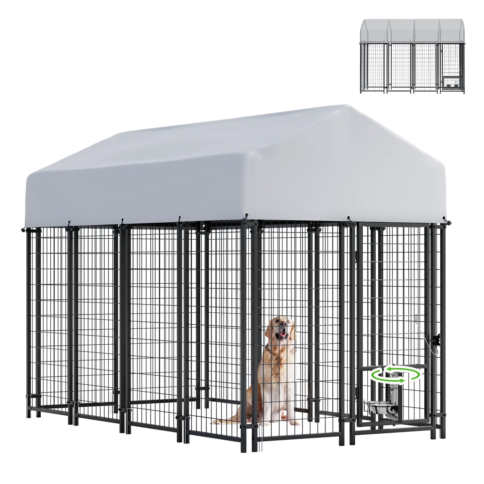 Alifuraha Large Outdoor Dog Kennel with Waterproof Roof, Heavy Duty Metal Dog Cage with Rotating Feeding Door, 33.6 sq.ft for Medium to Large Dogs