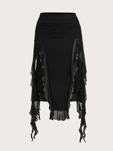 Women's Sexy Asymmetrical Ruffle Knit Fitted Stretchable Skirt, Mid-length Low Waist Elastic Dress, All Seasons Wear, Womenswear