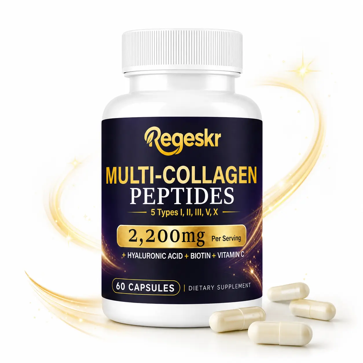 Regeskr Multi-Collagen Peptides Capsules – 5 Types (I, II, III, V, X) with Hyaluronic Acid, Biotin & Vitamin C – 2,200mg per Serving for Hair, Skin, Nails & Joint Support – Non-GMO Gluten-Free (60 Capsules)