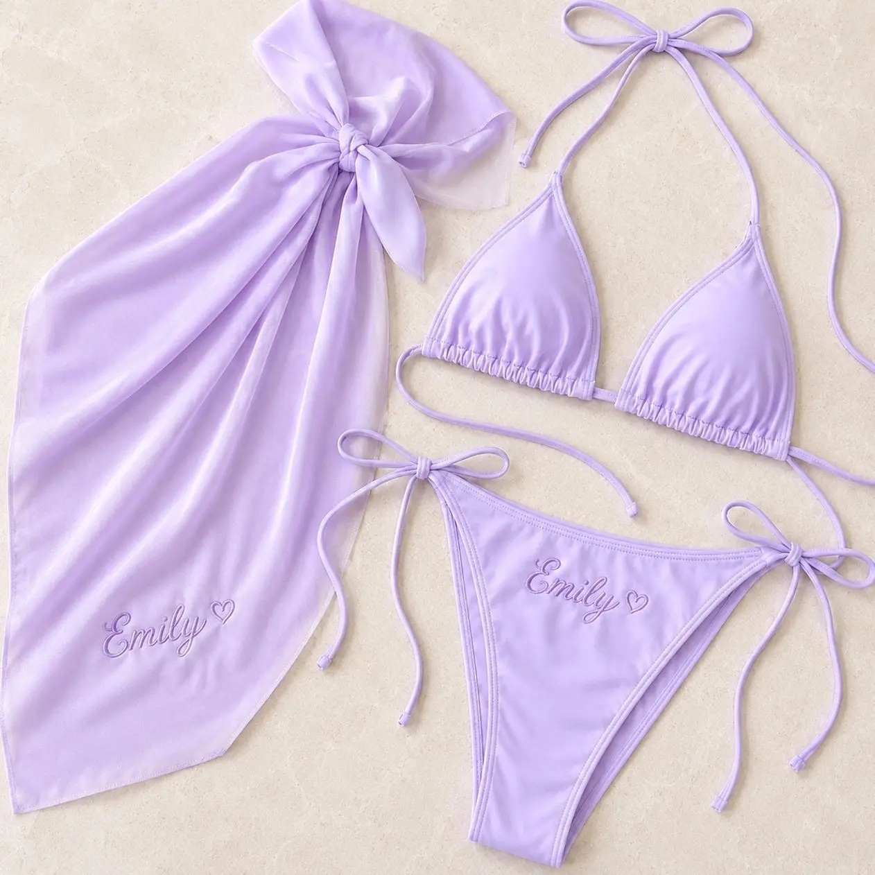 Custom Name Bikini Set and Sarong, Personalized Embroidered Bridal Swimsuit for Bride Honeymoon Vacation