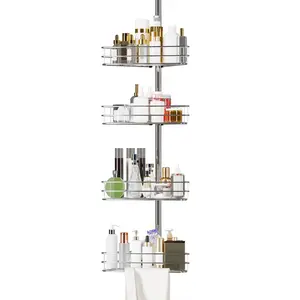 Corner Shower Caddy Tension Pole, 76"-110" Adjustable Bathroom Organizer Shelves, 4-Tier Bathroom Shelves with Built-In Towel Bars