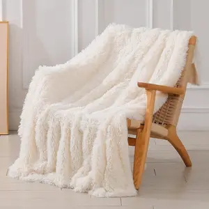 Decorative Soft Fuzzy Faux Fur Throw Blanket 50" x 60",Reversible Long Hair Shaggy Blanket,Cozy Plush Comfy Microfiber Fleece for Couch Sofa Bedroom,Cream White