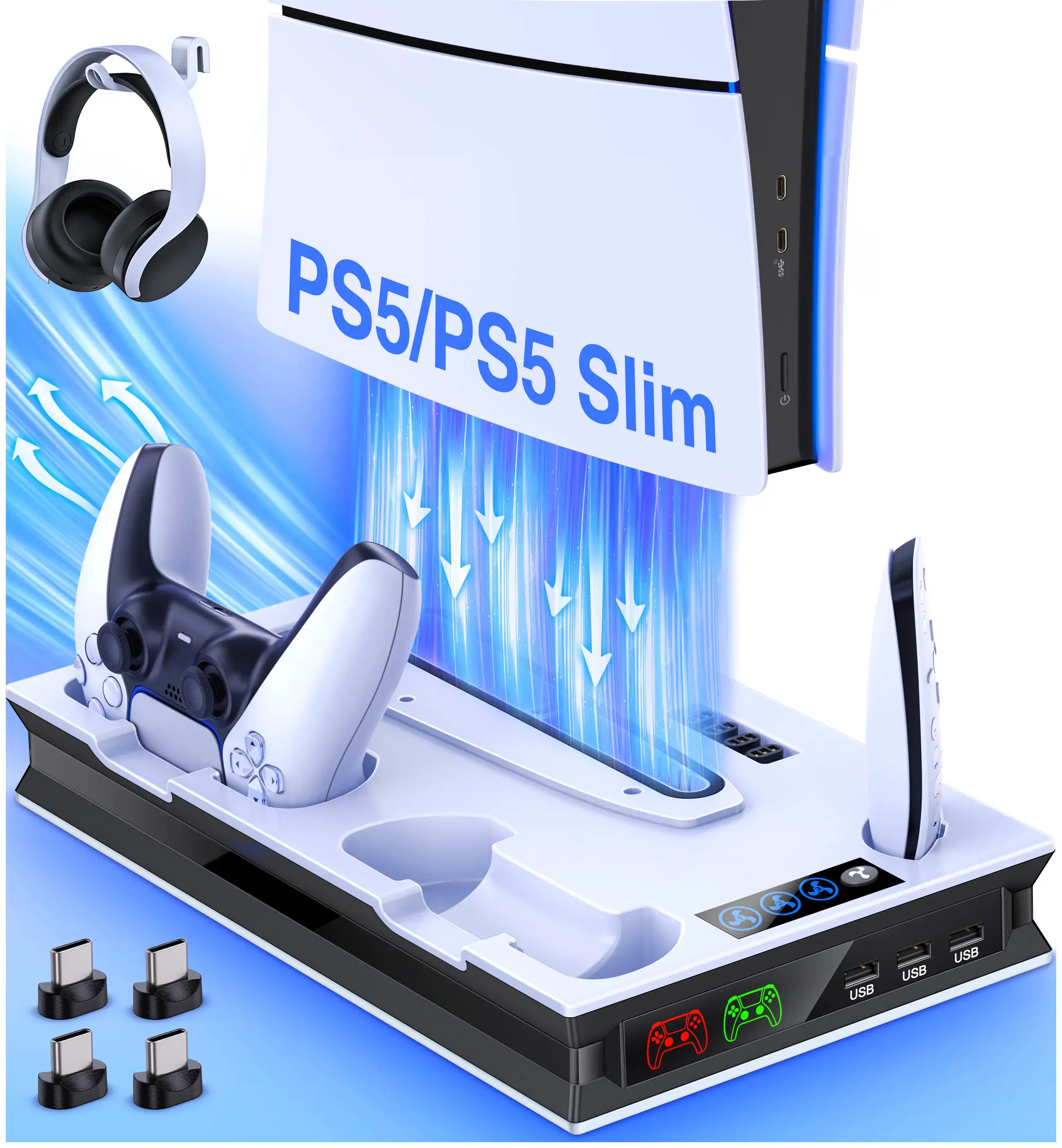 BEBONCOOL PS5 Slim Cooler Stand - Multi-Speed 3-Level Cooling Station with Over-Heat Protection for Safer Play, Controller Charger, Headset Holder, 15 Game Slots, USB Ports for PS5 Digital/Disc Consoles