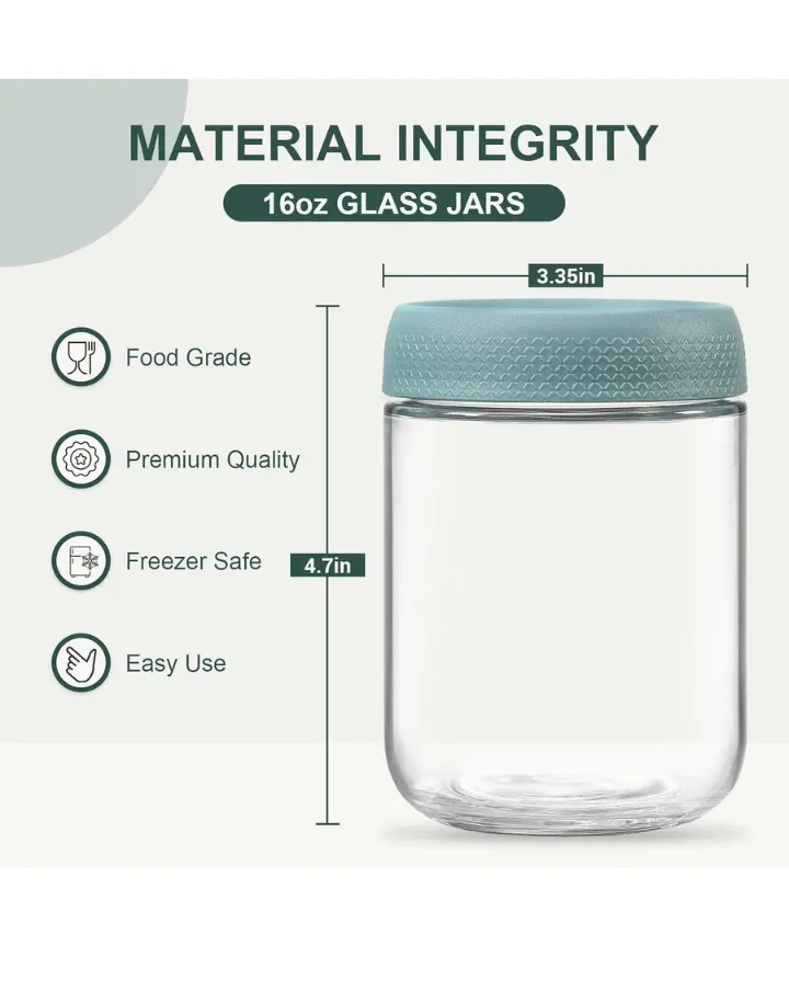 6-pack 16 oz Overnight Oats Containers with Lids, Glass jars with Airtight Lids, Wide mouth Mason Salad jars, Glass Food Storage Containers for Snacks Yogurt Spice Sugar