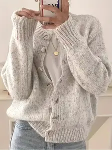 Women's Front Button Loose Knit Cardigan Jacket, Retro Design, Casual Fashion, Chic, Daily Wear, Fall & Winter, Plain Pattern, Stylish Loungewear Knitwear