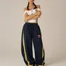 Aelfric Eden Unisex Poly-Cotton Casual Loose Joggers - Retro Sport Bold Yellow Stripe, Baggy Wide-Leg Barrel Sweatpants, Drawstring Elastic Waist, 77 Graphic Patch, Sporty Chic Athleisure Style Bottoms, Street Fashion Jogger, Comfy Pants