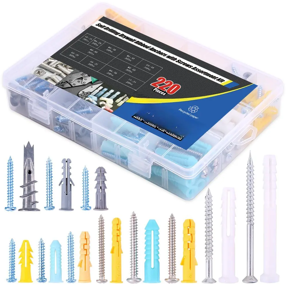 220-Pieces Plastic Self Drilling Drywall Ribbed Anchors Hollow-Wall Anchor with Screws Assortment Kit for Drywall, Hollow-Wall Hanging Wall Shelf or Blinds