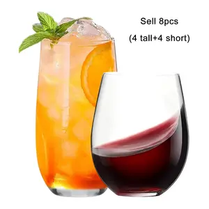 Drinking Glasses Set of 8, Includes 17oz Highball Glass and 18oz Stemless Wine Glass, Kitchen Glassware, 4/8 Pieces, Glass Packs, Drinkware